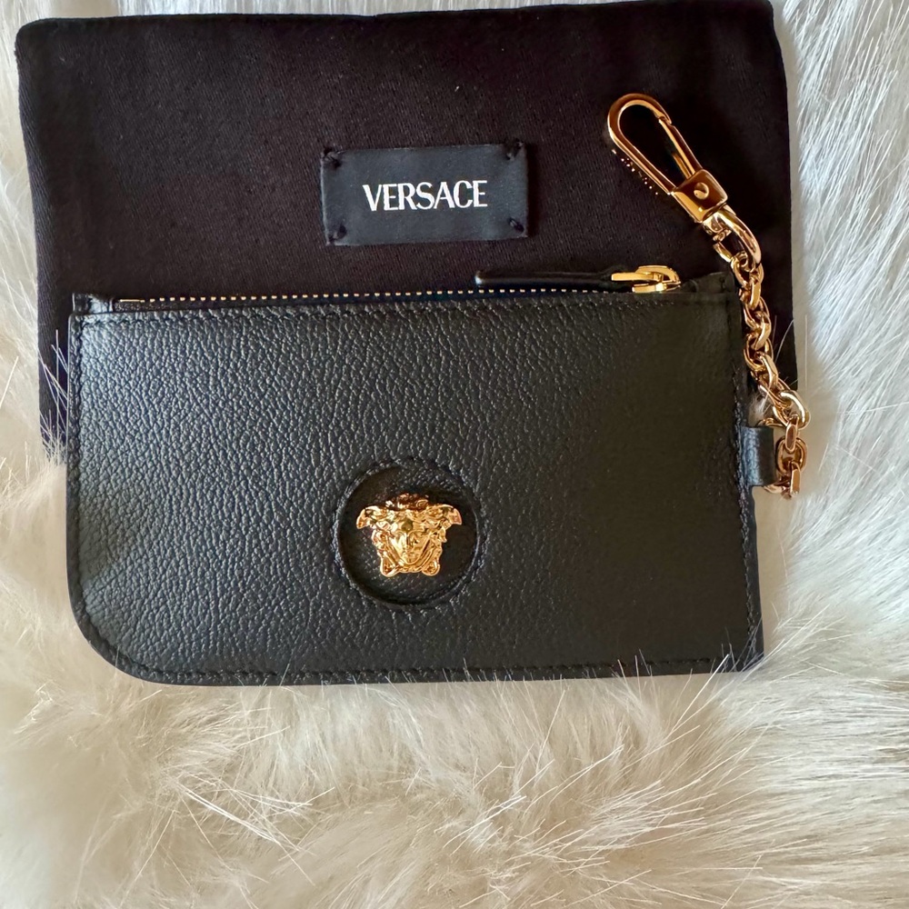 Versace Black Leather Key Pouch and Card Holder with Gold Medusa Accent